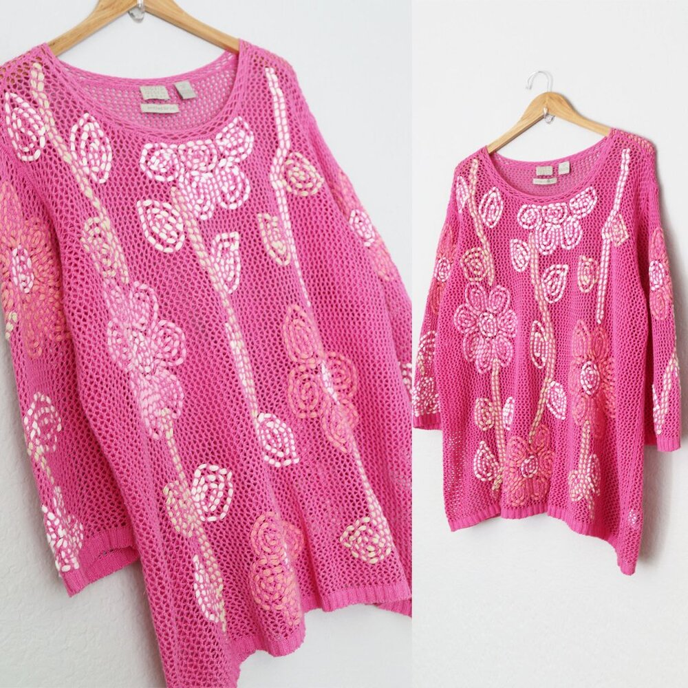 Vintage Sigrid Olsen Sport Knitted by Hand Flower Pink Crochet Open Knit 3X $118